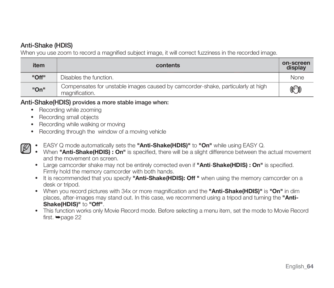 Samsung SMX-F33LN, SMX-F34SN, SMX-F34LN, SMX-F34RN, SMX-F33BN, SMX-F33RN, SMX-F33SN user manual Anti-Shake Hdis, English64 