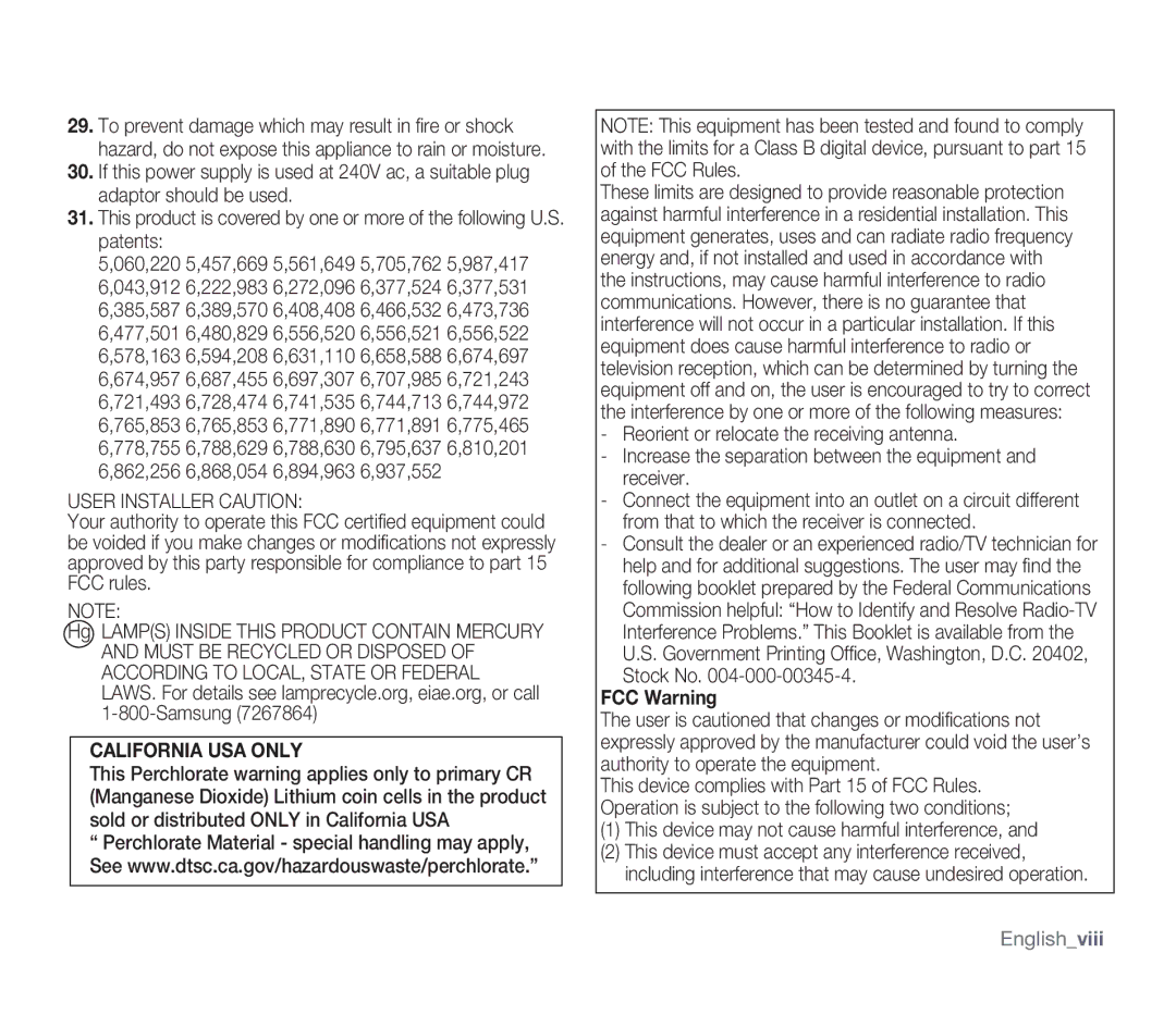 Samsung SMX-F34LN, SMX-F34SN, SMX-F34RN Stock No, FCC Warning, This device may not cause harmful interference, Englishviii 