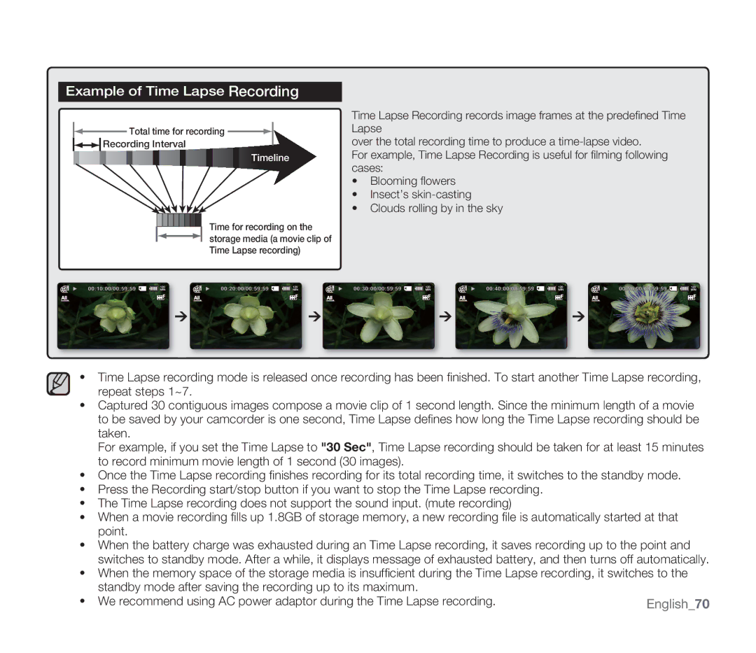 Samsung SMX-F33BN, SMX-F34SN, SMX-F34LN, SMX-F34RN, SMX-F33LN, SMX-F33RN, SMX-F33SN user manual Example of Time Lapse Recording 