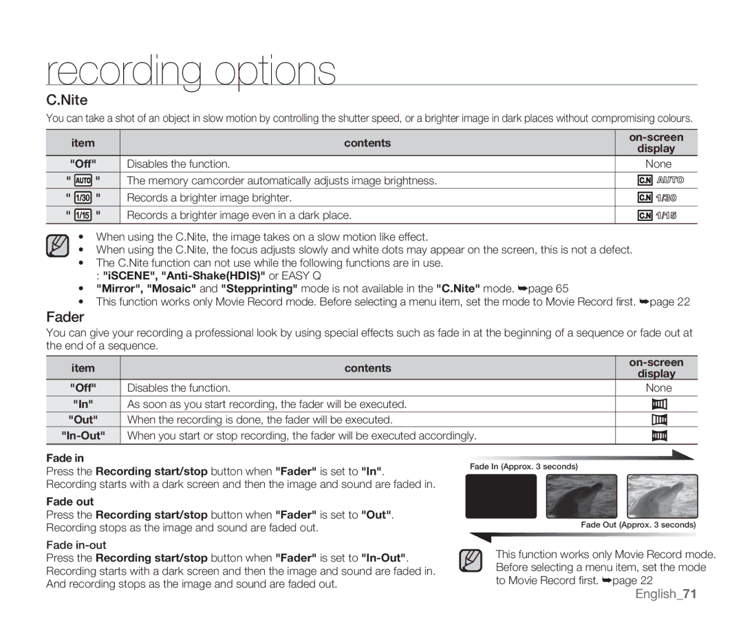 Samsung SMX-F33LN, SMX-F34SN, SMX-F34LN, SMX-F34RN, SMX-F33BN, SMX-F33RN, SMX-F33SN user manual Nite, Fader, English71 