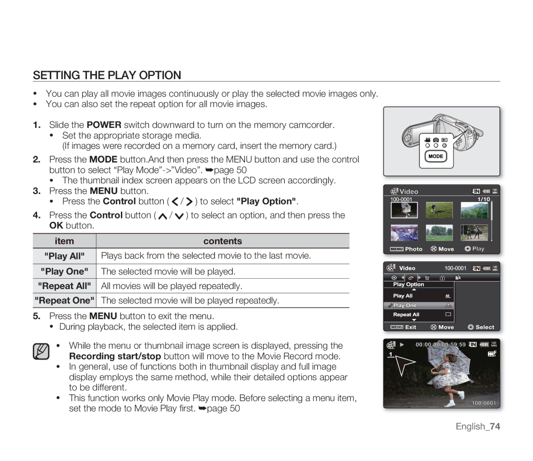 Samsung SMX-F34SN, SMX-F34LN, SMX-F34RN Setting the Play Option, Plays back from the selected movie to the last movie 