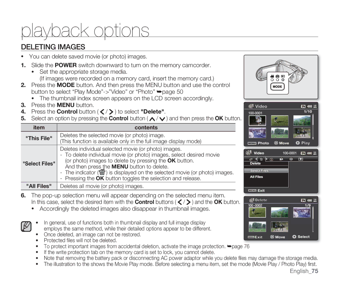 Samsung SMX-F34LN Deleting Images, Press the Menu button, Press the Control button / to select Delete, English75 