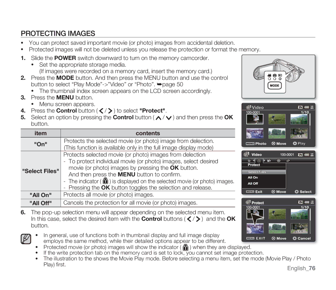 Samsung SMX-F34RN, SMX-F34SN, SMX-F34LN, SMX-F33BN, SMX-F33LN, SMX-F33RN, SMX-F33SN user manual Protecting Images 