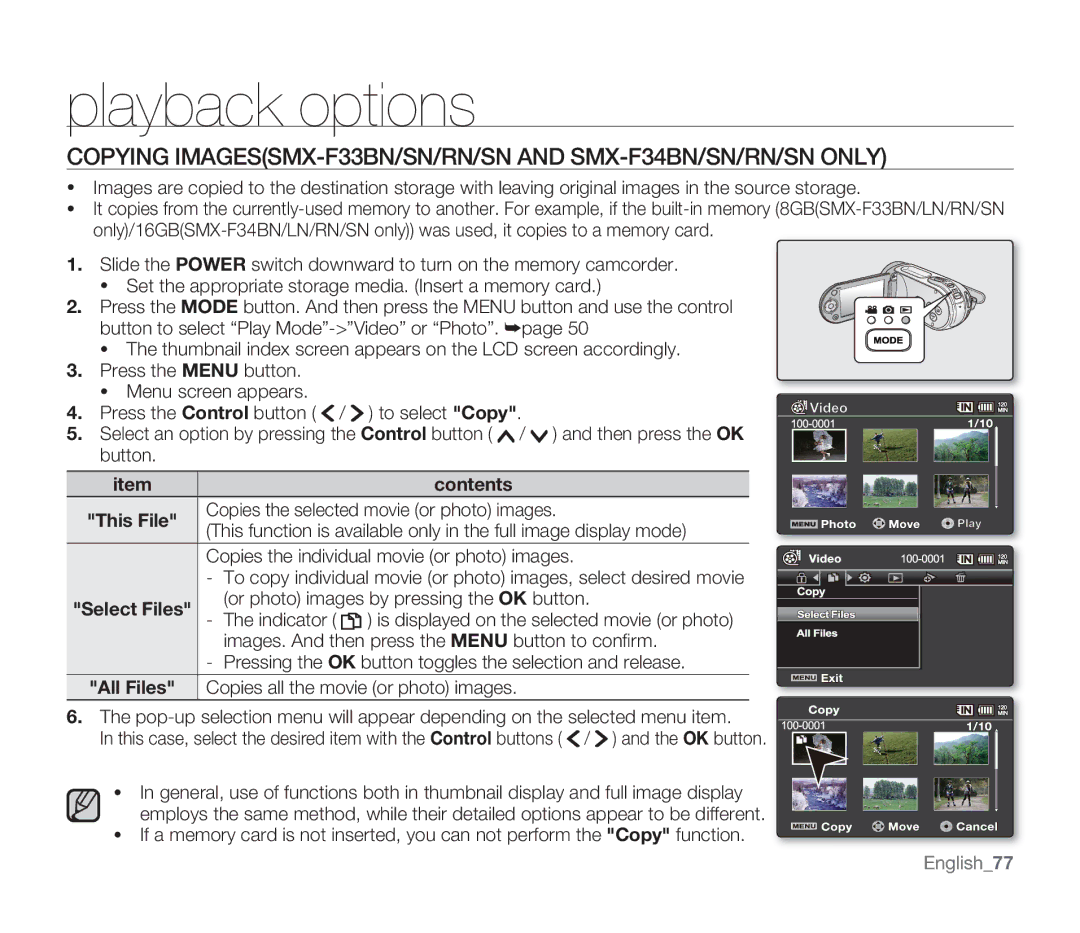 Samsung SMX-F33BN, SMX-F34SN, SMX-F34LN, SMX-F34RN, SMX-F33LN Copies the selected movie or photo images, All Files, English77 