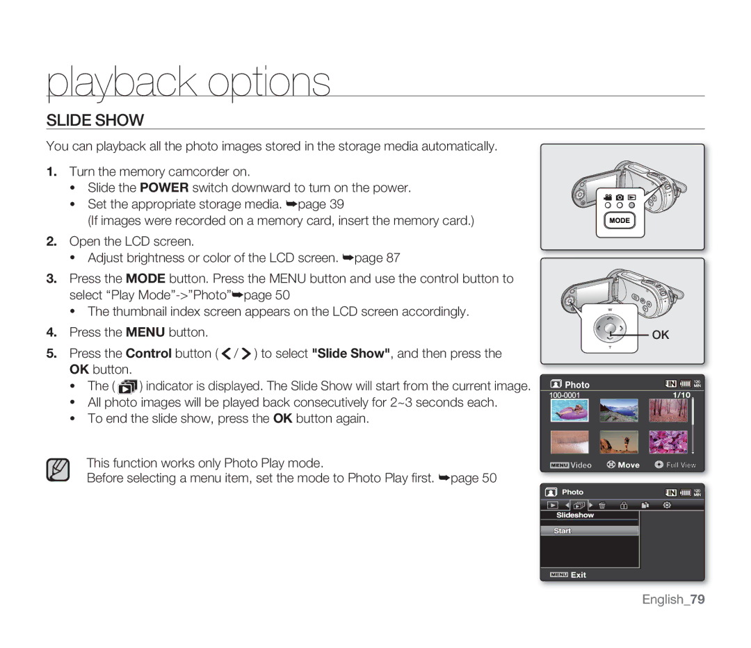 Samsung SMX-F33RN, SMX-F34SN, SMX-F34LN, SMX-F34RN, SMX-F33BN, SMX-F33LN, SMX-F33SN user manual Slide Show, English79 