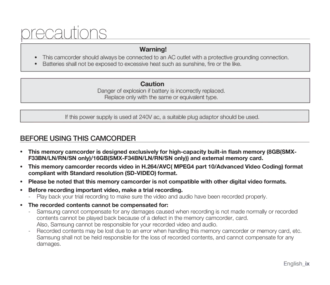 Samsung SMX-F34RN, SMX-F34SN Precautions, Before Using this Camcorder, Recorded contents cannot be compensated for 