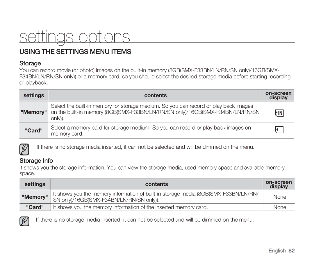 Samsung SMX-F34LN, SMX-F34SN, SMX-F34RN, SMX-F33BN Using the Settings Menu Items, Storage Info, Settings Contents 