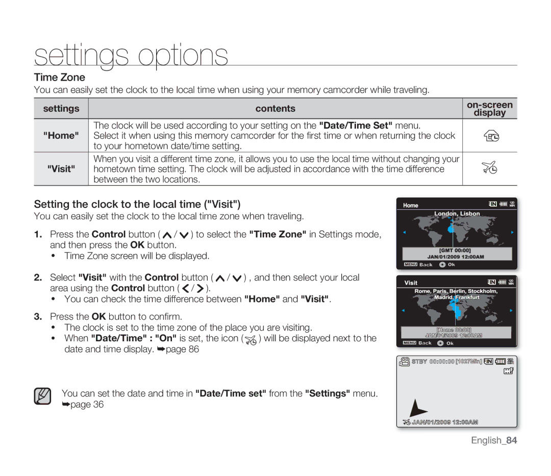 Samsung SMX-F33BN Time Zone, Setting the clock to the local time Visit, To your hometown date/time setting, English84 