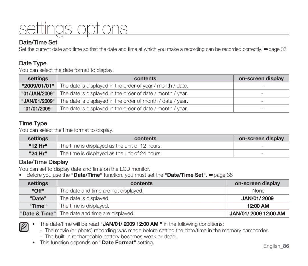 Samsung SMX-F33RN, SMX-F34SN, SMX-F34LN, SMX-F34RN, SMX-F33BN Date/Time Set, Date Type, Time Type, Date/Time Display 