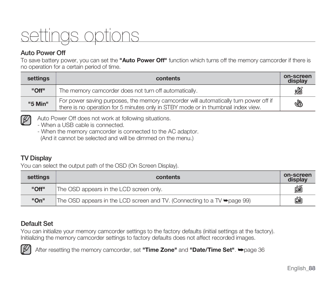 Samsung SMX-F34SN Auto Power Off, TV Display, Default Set, Memory camcorder does not turn off automatically, English88 