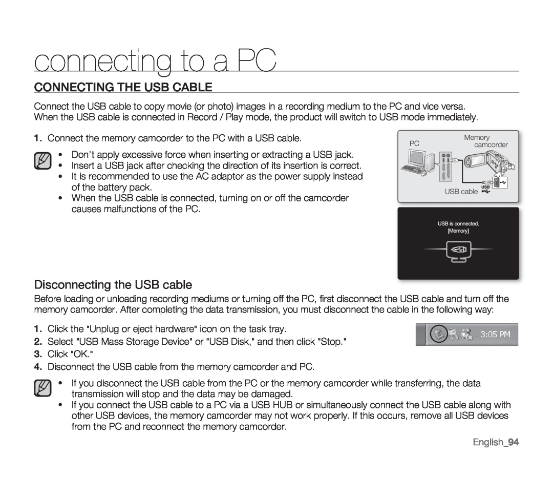 Samsung SMX-F33SN, SMX-F34SN Connecting The Usb Cable, Disconnecting the USB cable, English94, connecting to a PC 