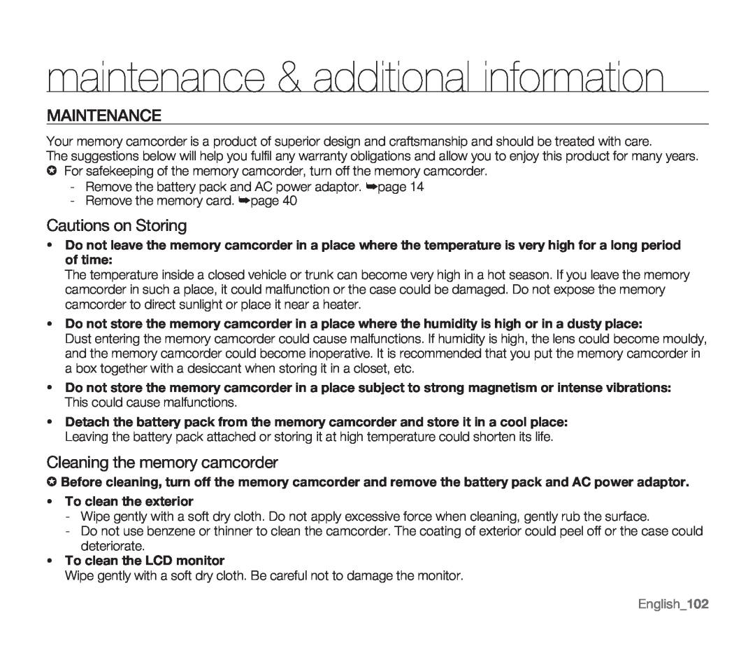 Samsung SMX-F34SN maintenance & additional information, Maintenance, Cautions on Storing, Cleaning the memory camcorder 