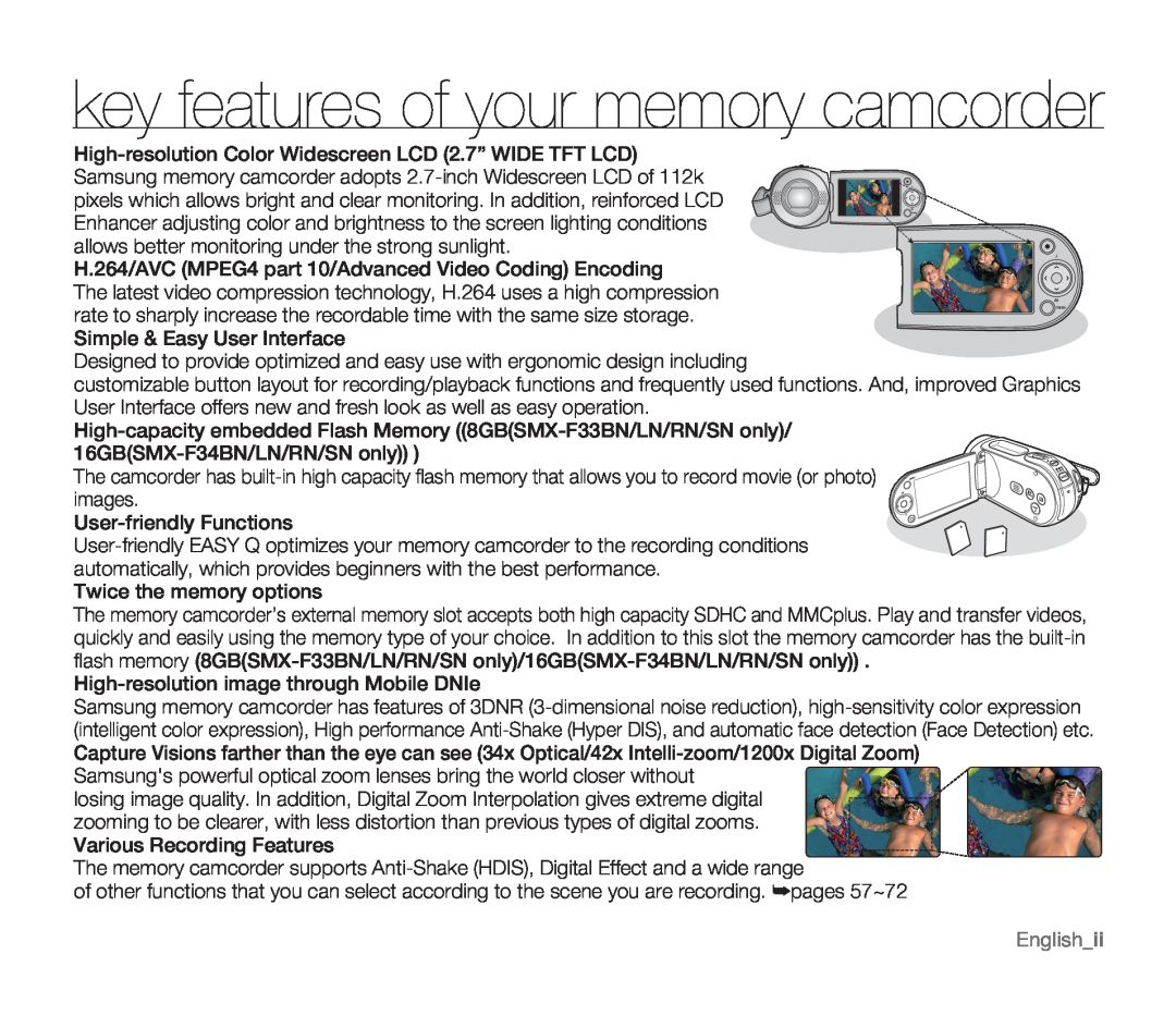 Samsung SMX-F34RN, SMX-F34SN, SMX-F34LN, SMX-F33BN, SMX-F33LN, SMX-F33RN key features of your memory camcorder, Englishii 