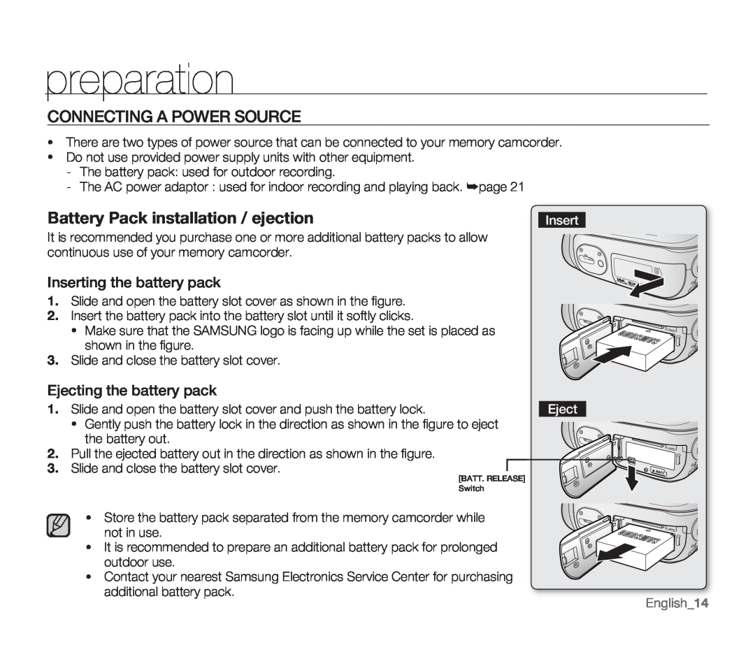 Samsung SMX-F33BN Connecting A Power Source, Battery Pack installation / ejection, Inserting the battery pack, English14 