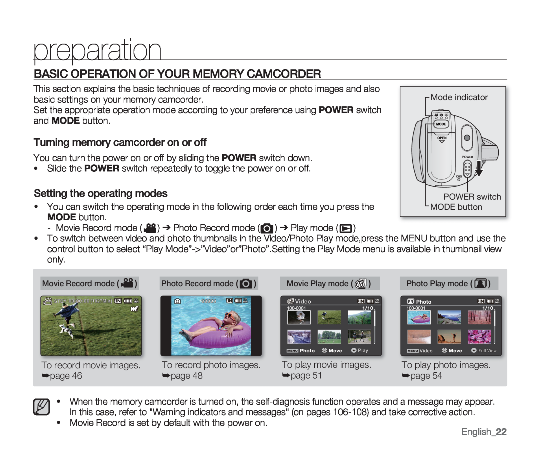 Samsung SMX-F33LN Basic Operation Of Your Memory Camcorder, Turning memory camcorder on or off, English22, preparation 