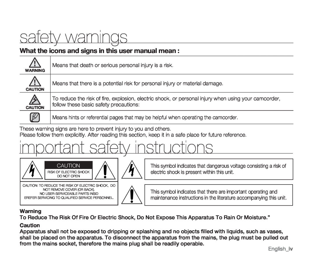 Samsung SMX-F33LN safety warnings, important safety instructions, What the icons and signs in this user manual mean 