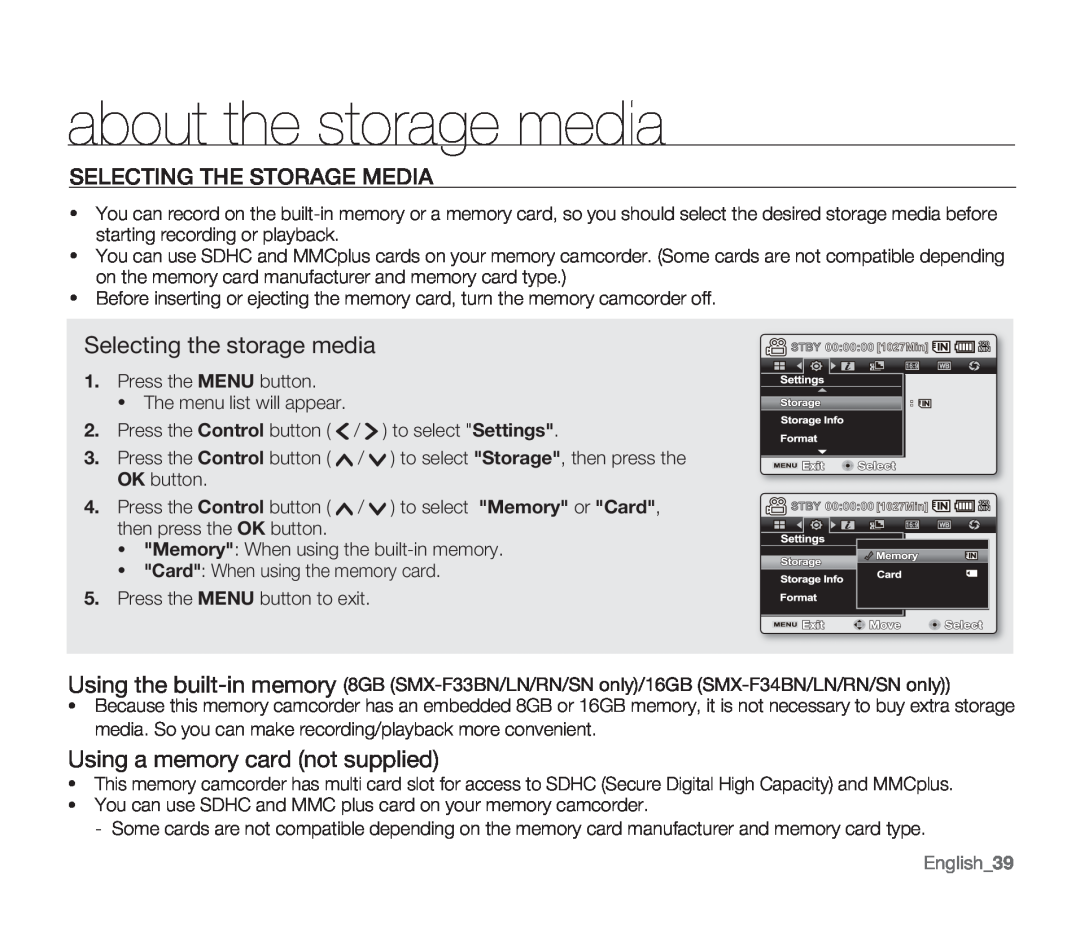 Samsung SMX-F34SN, SMX-F34LN about the storage media, Selecting The Storage Media, Selecting the storage media, English39 
