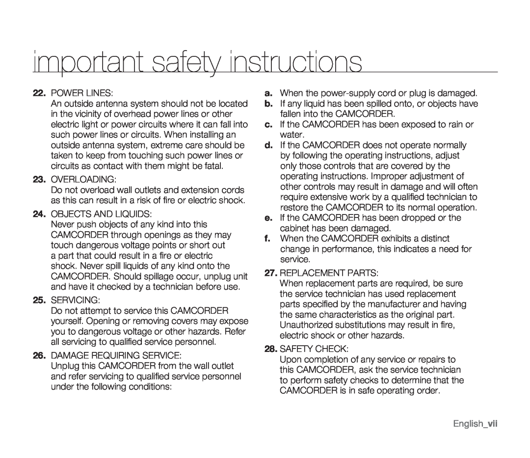 Samsung SMX-F34SN, SMX-F34LN, SMX-F34RN, SMX-F33BN, SMX-F33LN Englishvii, important safety instructions, Power Lines 