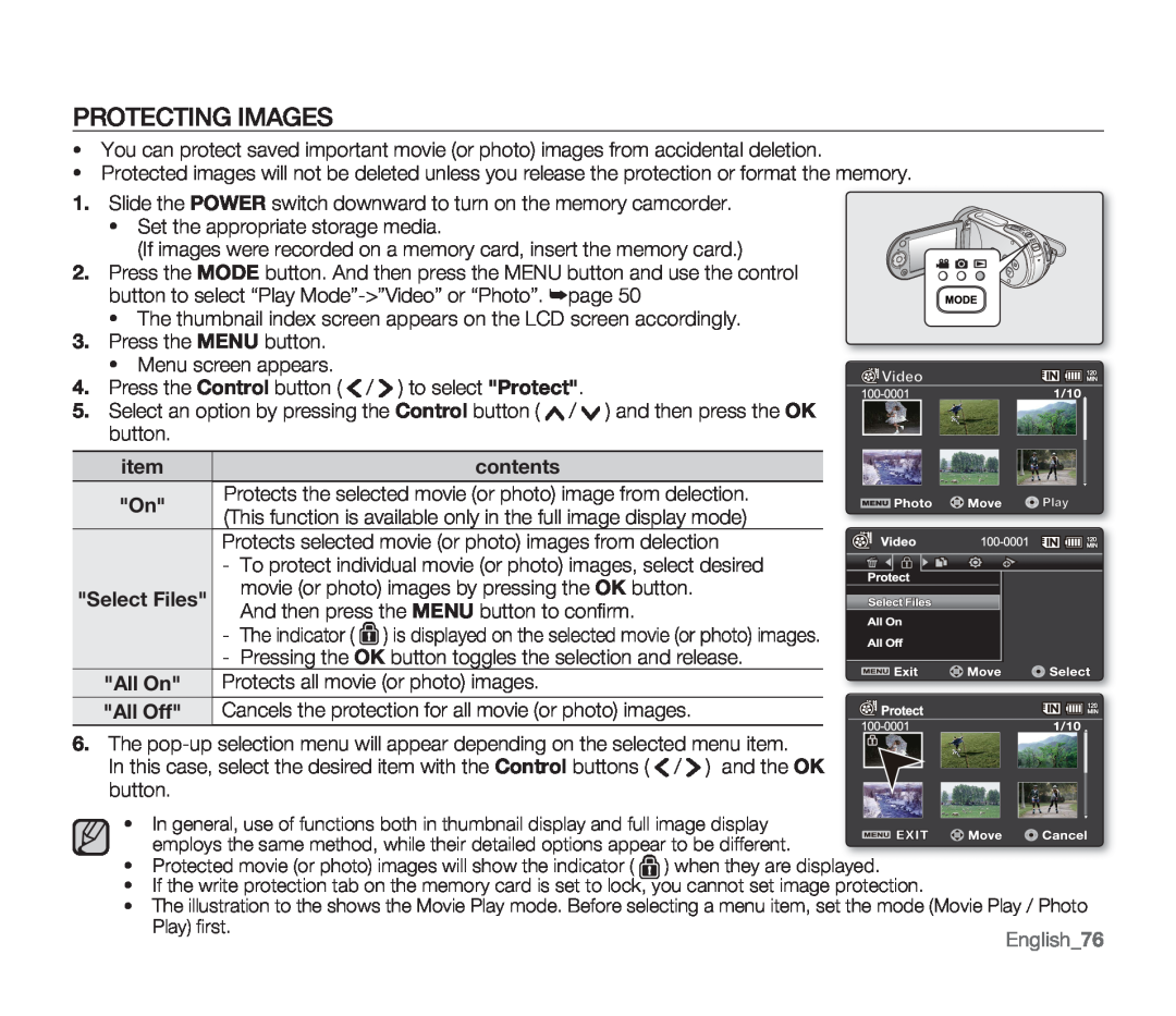 Samsung SMX-F34RN, SMX-F34SN, SMX-F34LN, SMX-F33BN, SMX-F33LN, SMX-F33RN, SMX-F33SN user manual Protecting Images, contents 