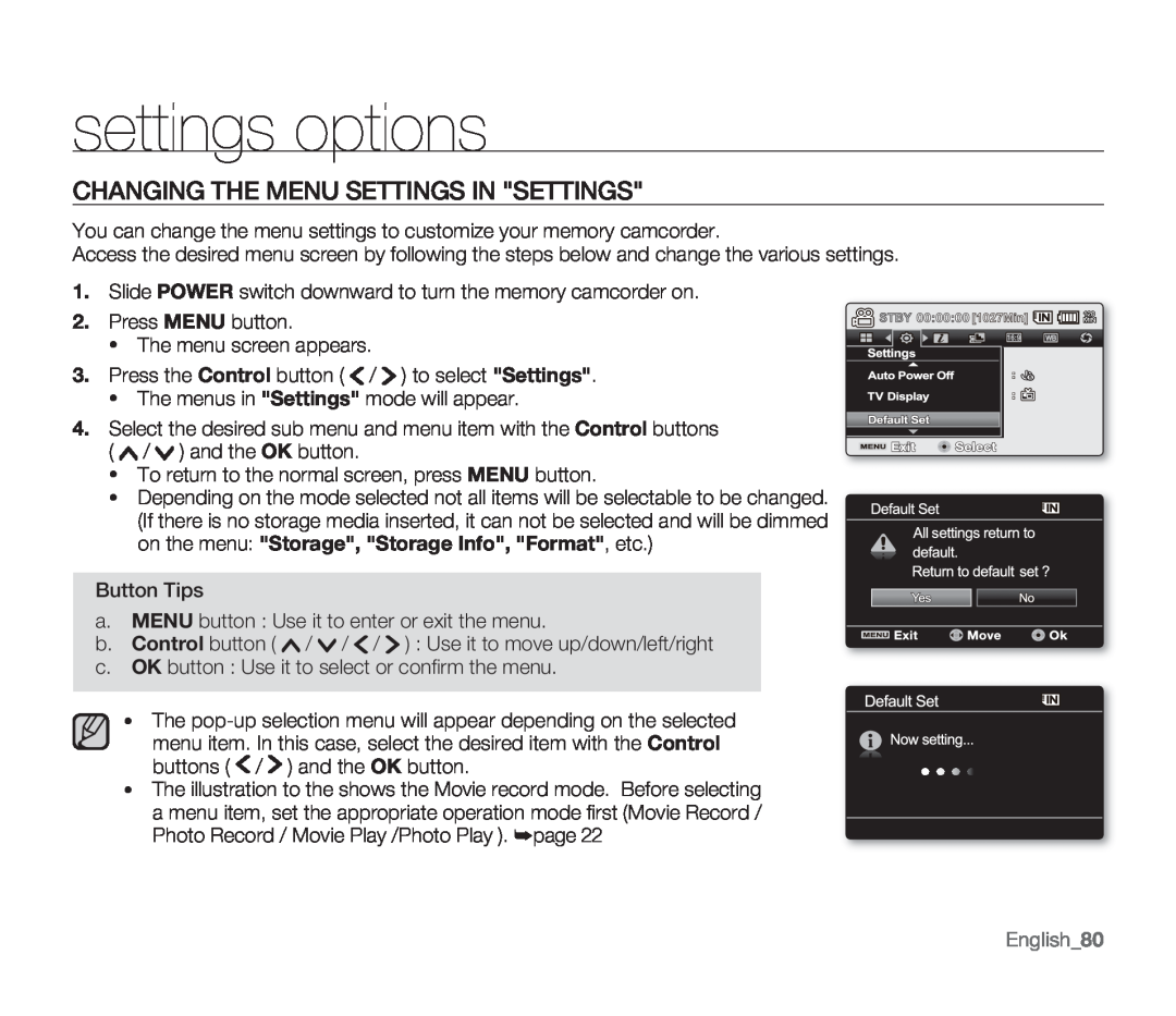 Samsung SMX-F33SN, SMX-F34SN, SMX-F34LN, SMX-F34RN settings options, Changing The Menu Settings In Settings, English80 