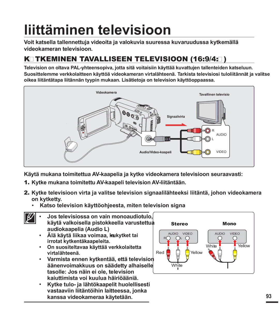 Samsung SMX-K40BP/EDC, SMX-F40SP/EDC manual Liittäminen televisioon, Kytkeminen Tavalliseen Televisioon 169/43, Stereo Mono 