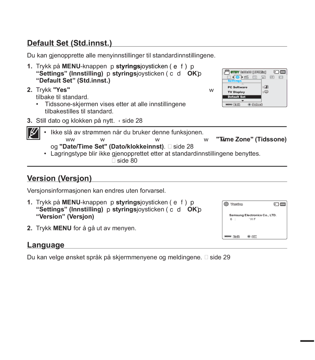 Samsung SMX-F40RP/EDC Default Set Std.innst, Version Versjon, Language, Settings Innstilling p styringsjoysticken cdOK p 