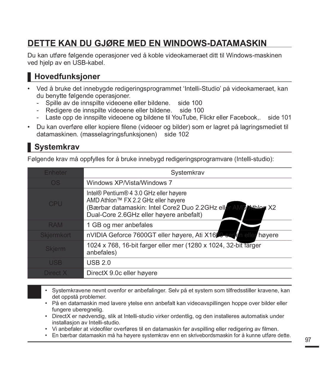 Samsung SMX-F44BP/EDC, SMX-F40SP/EDC manual Dette KAN DU Gjøre MED EN WINDOWS-DATAMASKIN, Hovedfunksjoner, Systemkrav 