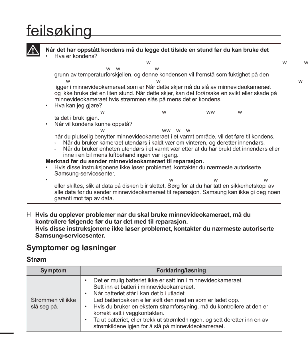 Samsung SMX-F40BP/EDC manual Symptomer og løsninger, Strøm, Merknad før du sender minnevideokameraet til reparasjon 