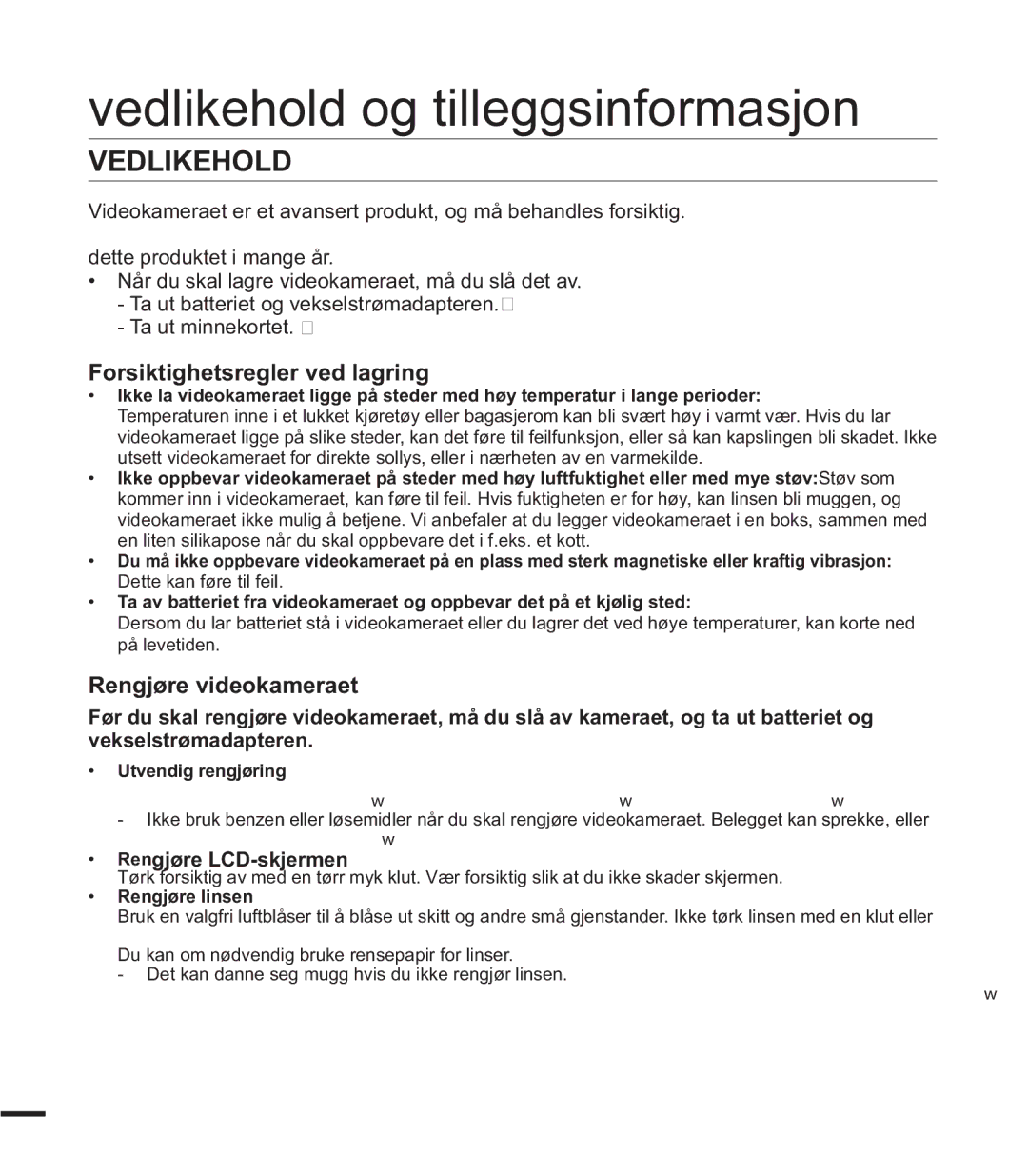 Samsung SMX-K40BP/EDC manual Vedlikehold og tilleggsinformasjon, Forsiktighetsregler ved lagring, Rengjøre videokameraet 