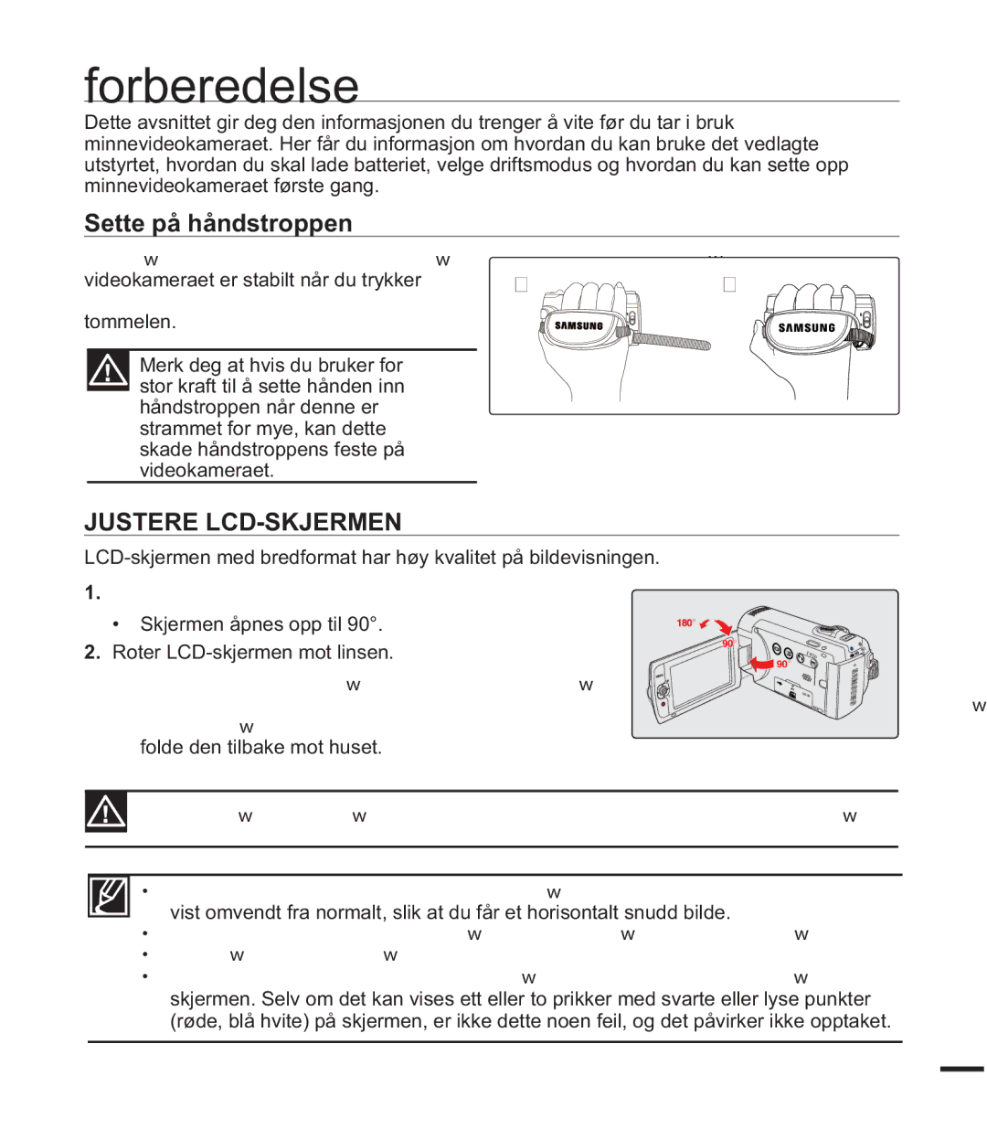 Samsung SMX-F43BP/EDC Forberedelse, Sette på håndstroppen, Justere LCD-SKJERMEN, Videokameraet er stabilt når du trykker 