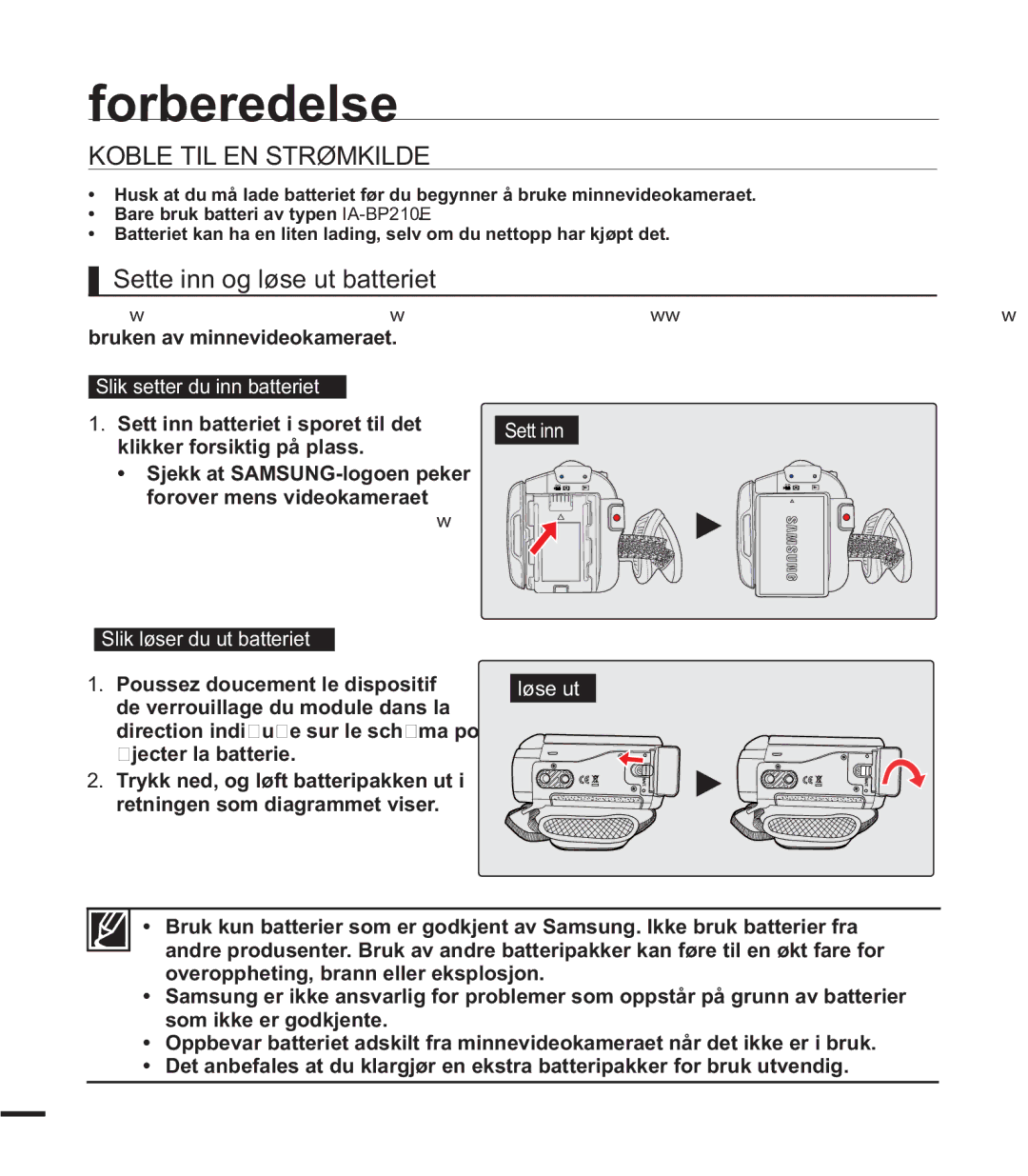 Samsung SMX-F40SP/EDC, SMX-F44BP/EDC Koble TIL EN Strømkilde, Sette inn og løse ut batteriet, Slik setter du inn batteriet 