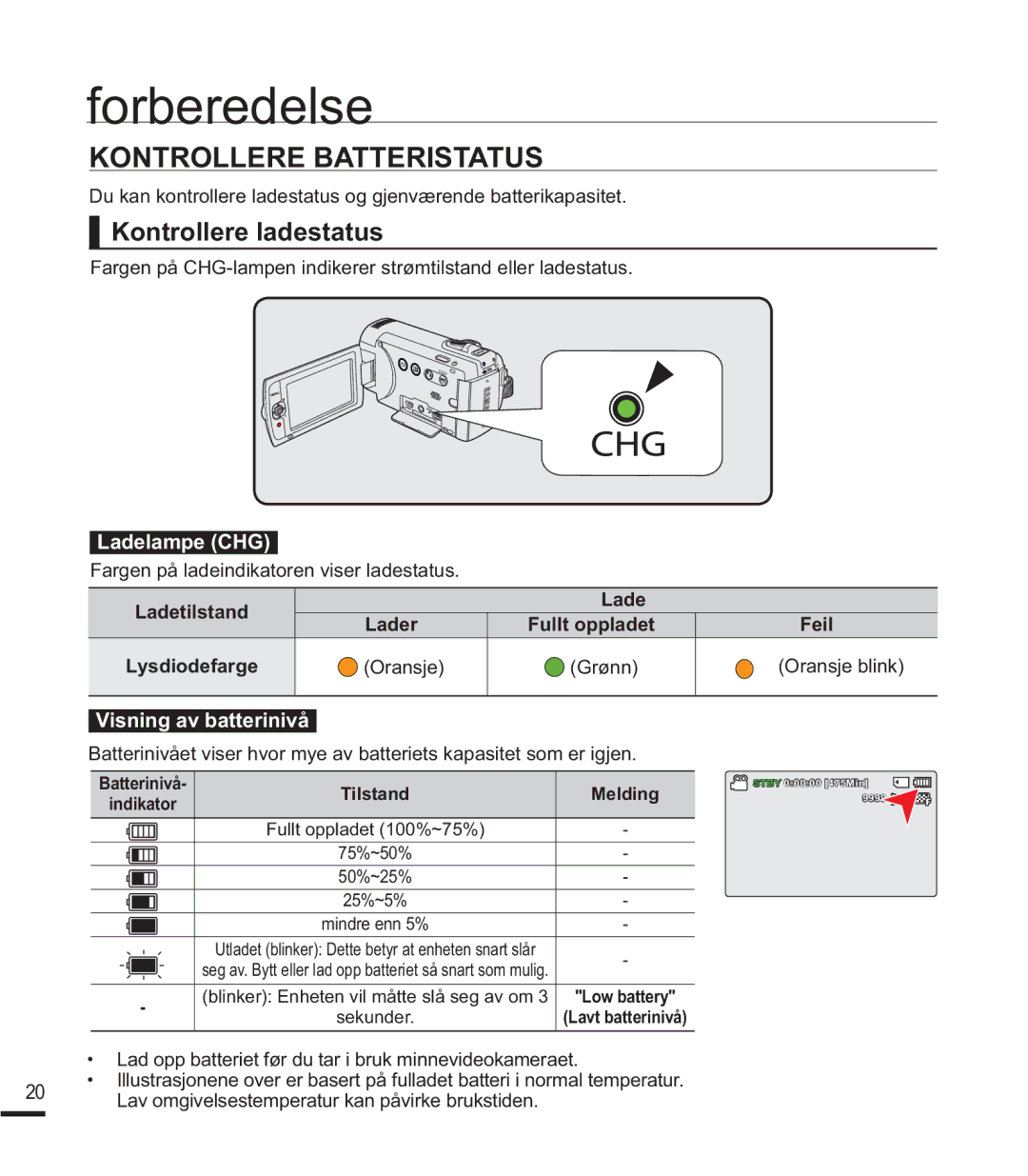 Samsung SMX-F44BP/EDC manual Kontrollere Batteristatus, Kontrollere ladestatus, Ladelampe CHG, Visning av batterinivå 