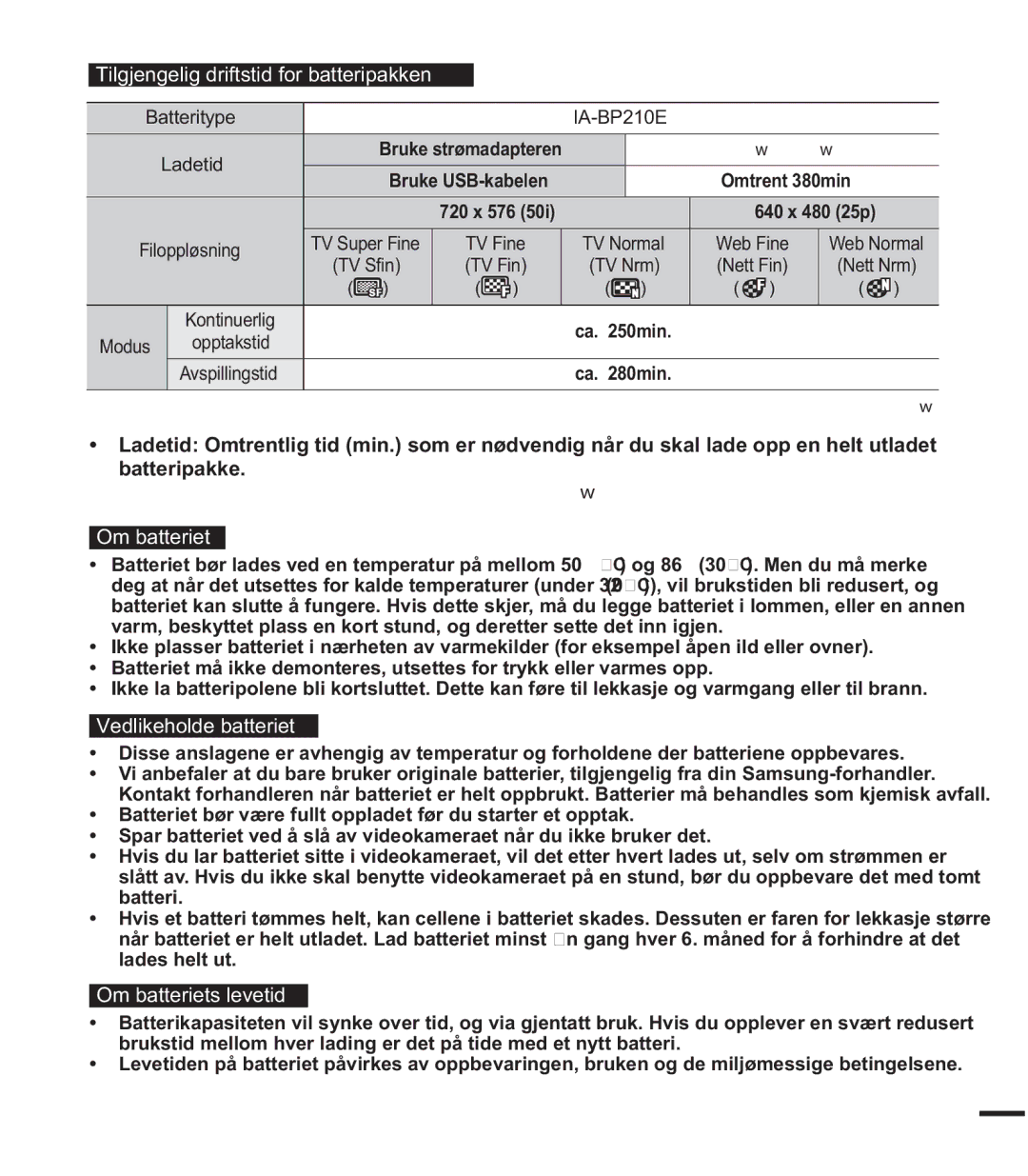 Samsung SMX-F40RP/EDC, SMX-F40SP/EDC manual Tilgjengelig driftstid for batteripakken, Om batteriet, Vedlikeholde batteriet 