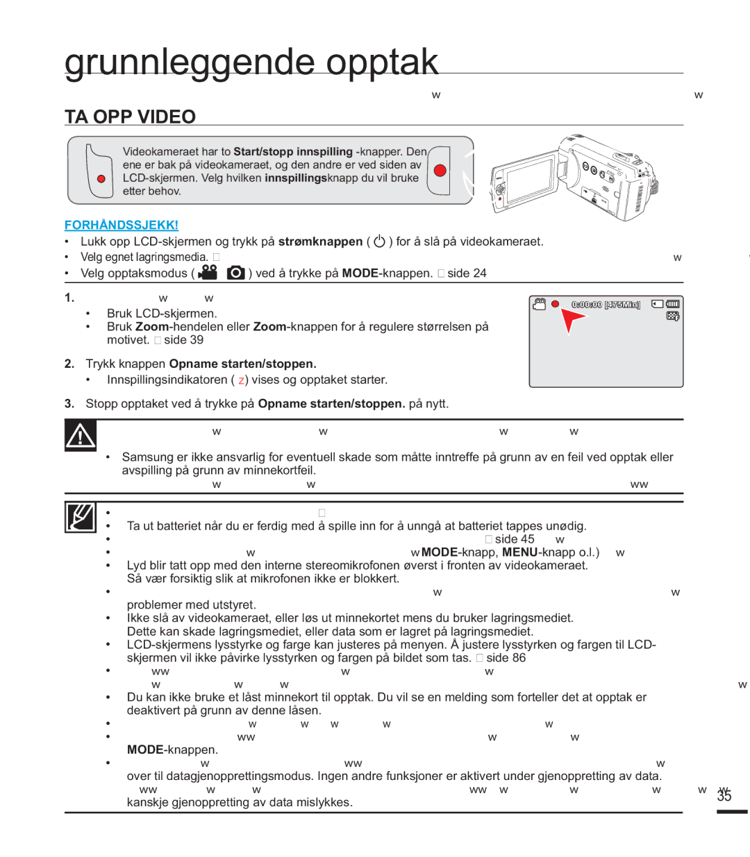 Samsung SMX-F40RP/EDC, SMX-F40SP/EDC manual Grunnleggende opptak, TA OPP Video, Trykk knappen Opname starten/stoppen 