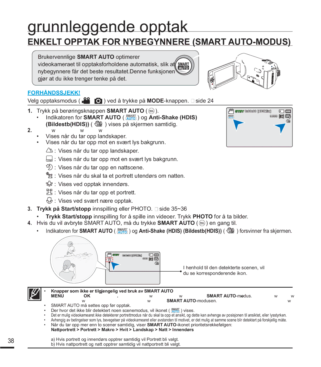 Samsung SMX-F43BP/EDC, SMX-F40SP/EDC, SMX-F400BP/EDC, SMX-F44BP/EDC manual Enkelt Opptak for Nybegynnere Smart AUTO-MODUS 