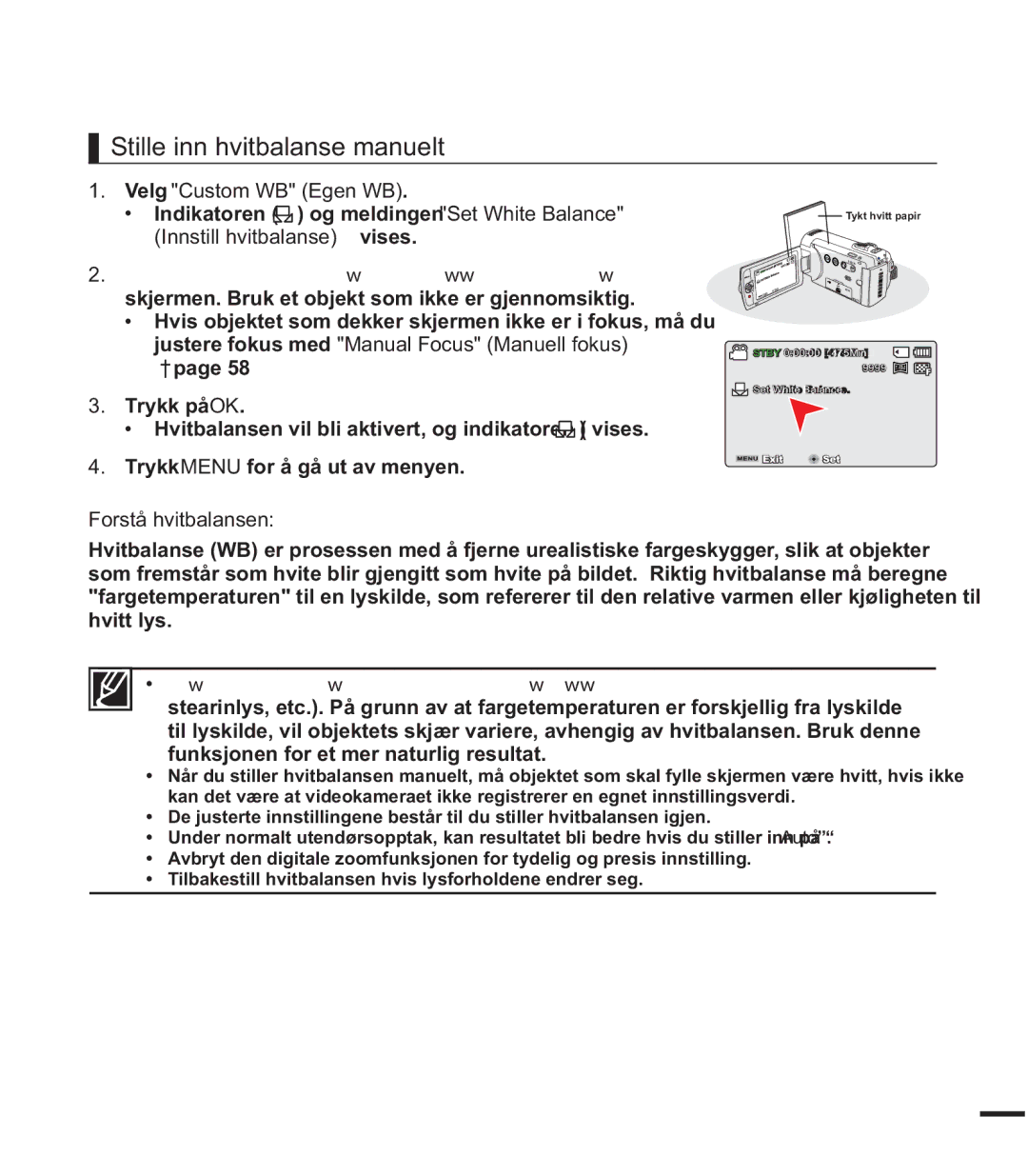 Samsung SMX-K40BP/EDC Stille inn hvitbalanse manuelt, Velg &XVWRP% JHQ%, Indikatoren og meldingen 6HWKLWH%DODQFH 