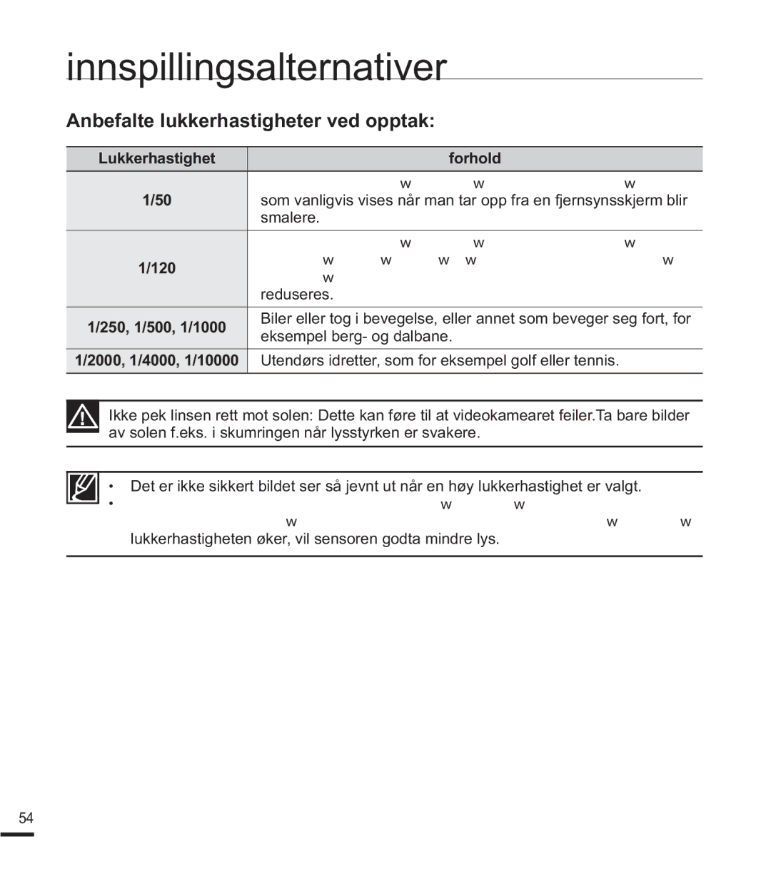 Samsung SMX-F400BP/EDC, SMX-F40SP/EDC, SMX-F44BP/EDC manual Anbefalte lukkerhastigheter ved opptak, Lukkerhastighet Forhold 