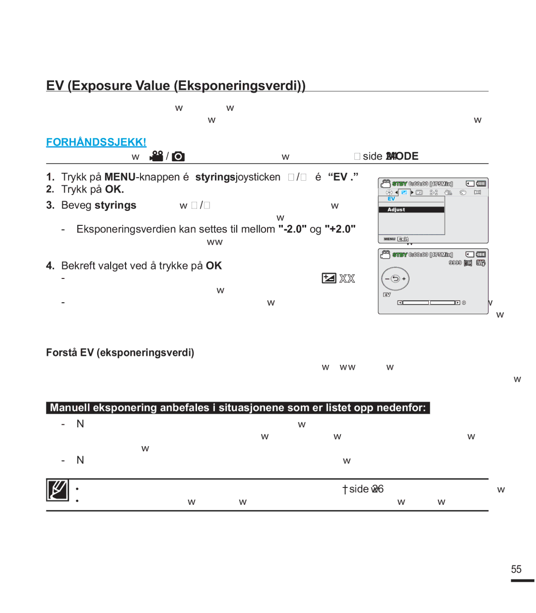 Samsung SMX-F44BP/EDC EV Exposure Value Eksponeringsverdi, 9LGHRNDPHUDHWMXVWHUHUYDQOLJYLVHNVSRQHULQJHQDXWRPDWLVN 