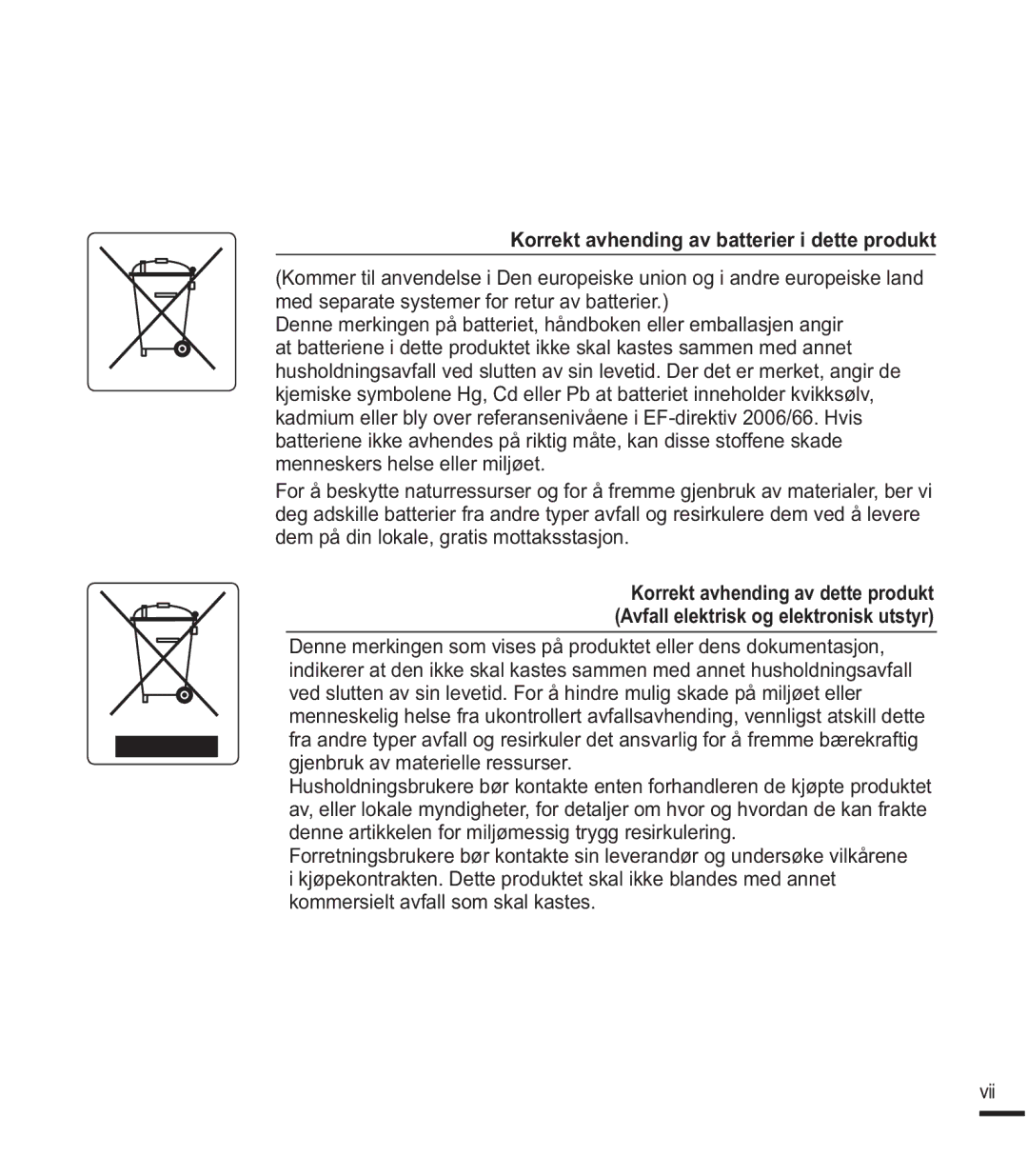 Samsung SMX-F40SP/EDC, SMX-F400BP/EDC, SMX-F44BP/EDC, SMX-F40RP/EDC manual Korrekt avhending av batterier i dette produkt, Vii 