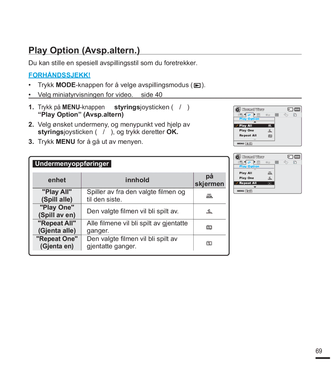 Samsung SMX-F44BP/EDC, SMX-F40SP/EDC, SMX-F400BP/EDC manual Play Option Avsp.altern, Til den siste, Ganger, Gjentatte ganger 