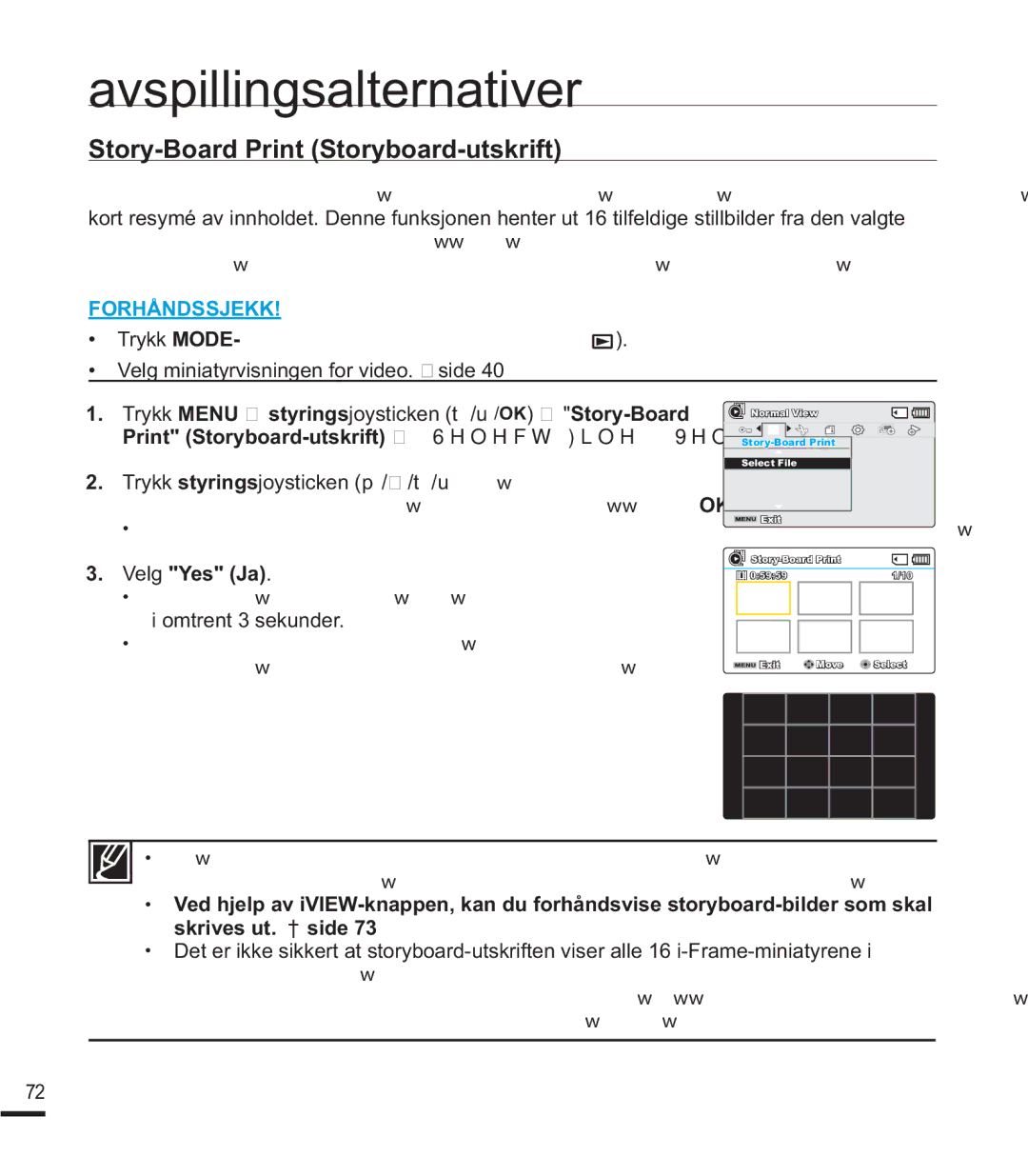 Samsung SMX-K40BP/EDC manual Story-Board Print Storyboard-utskrift, PHOGLQJYLVHVRJEHUGHJRPnEHNUHIWH, Velg Yes Ja 