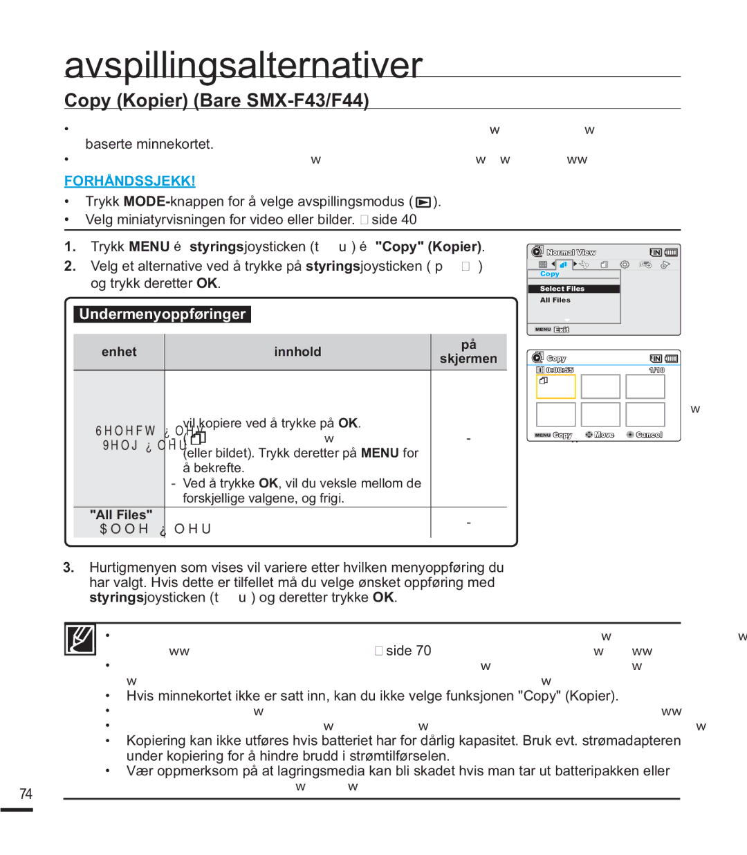 Samsung SMX-F40SP/EDC manual Copy Kopier Bare SMX-F43/F44, Trykk Menu p styringsjoysticken WX p Copy Kopier, All Files 