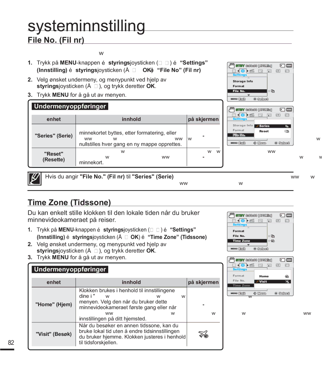 Samsung SMX-F400BP/EDC manual File No. Fil nr, Time Zone Tidssone, Minnekort, Klokken brukes i henhold til innstillingene 