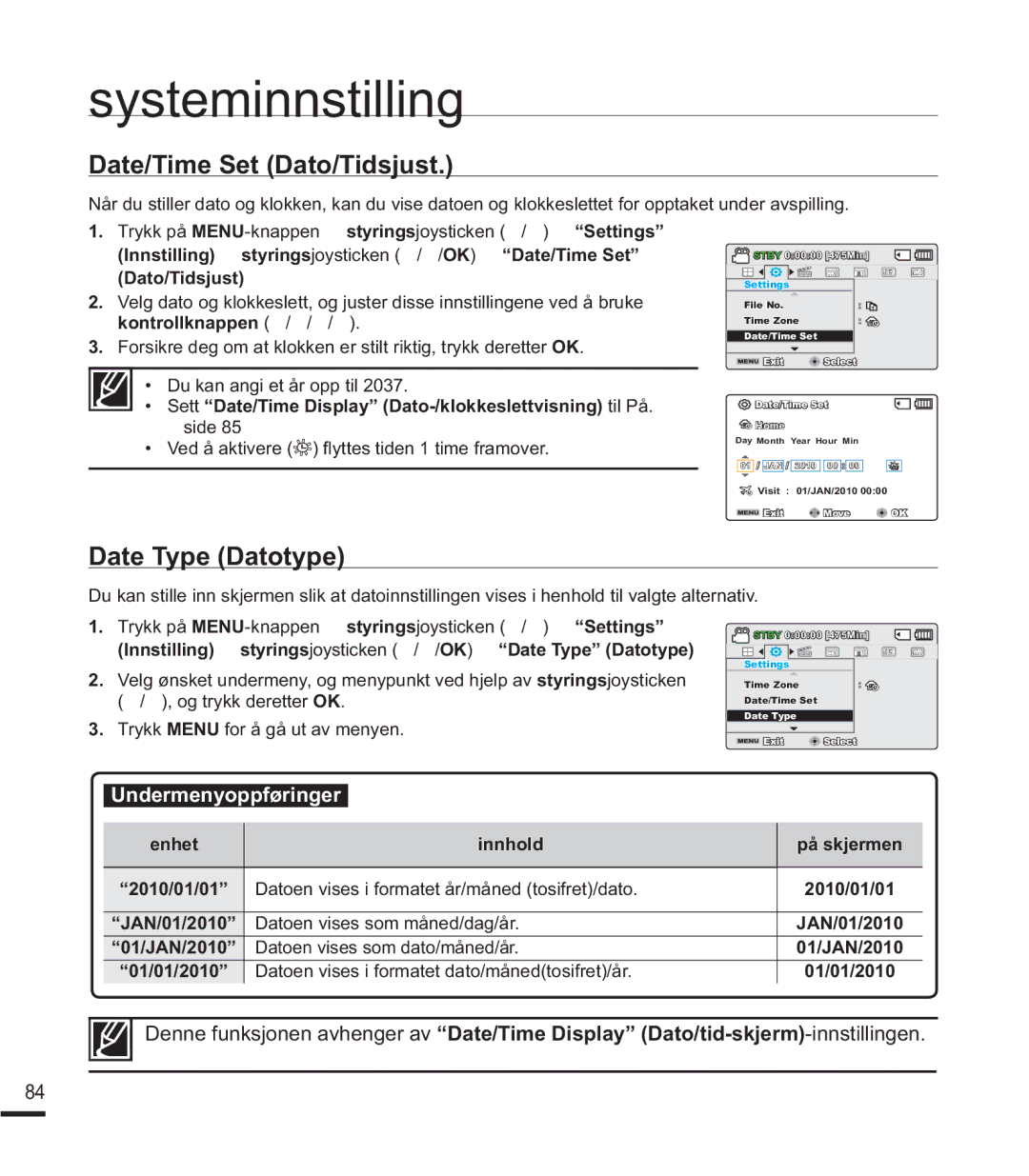 Samsung SMX-F40RP/EDC, SMX-F40SP/EDC, SMX-F400BP/EDC, SMX-F44BP/EDC manual Date/Time Set Dato/Tidsjust, Date Type Datotype 