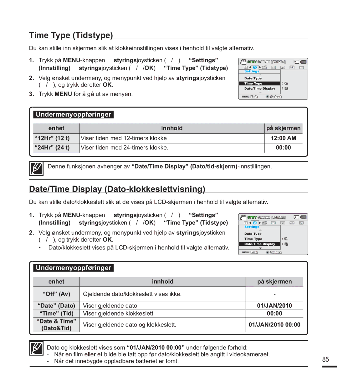 Samsung SMX-F40BP/EDC, SMX-F40SP/EDC, SMX-F400BP/EDC manual Time Type Tidstype, Date/Time Display Dato-klokkeslettvisning 