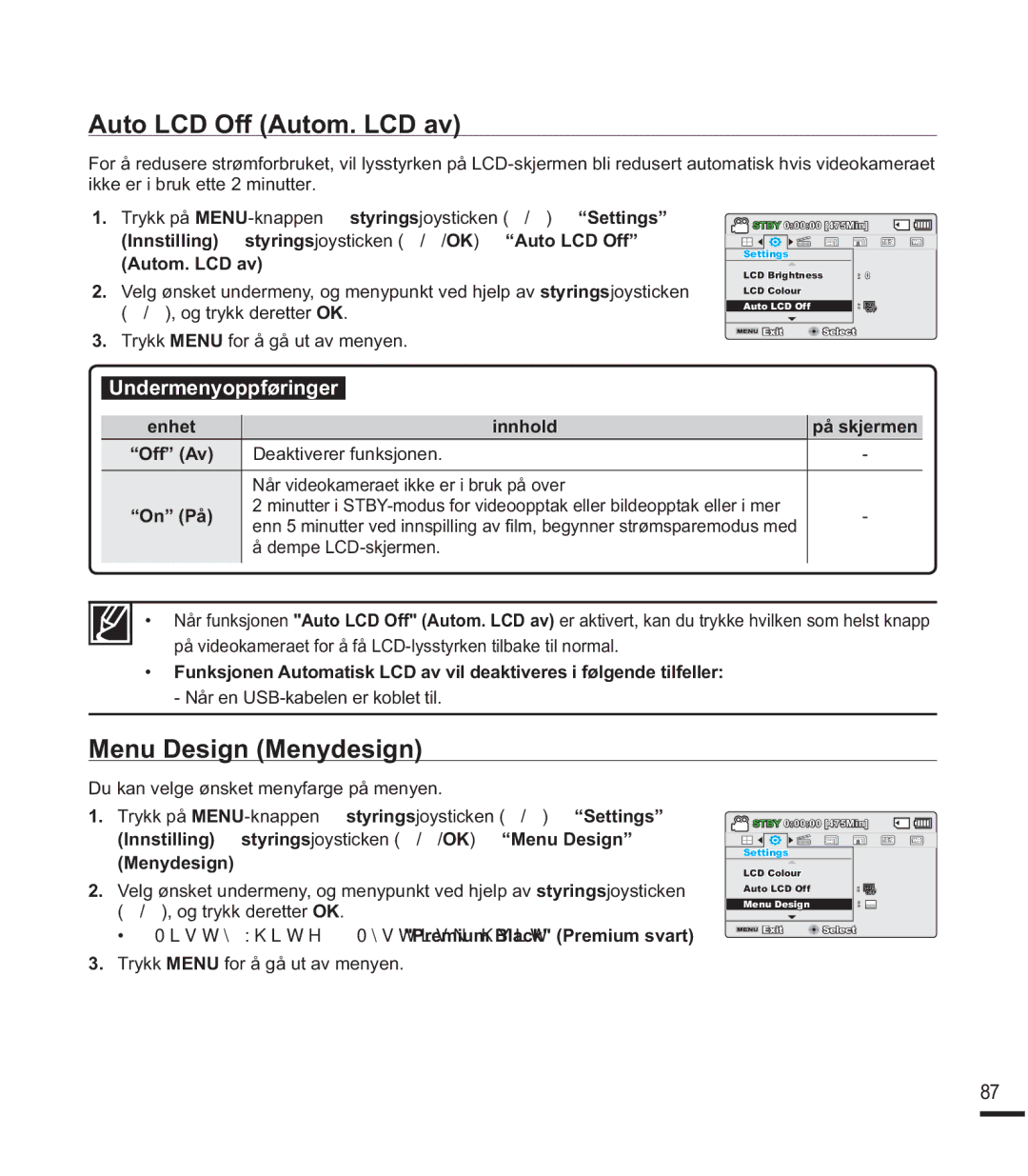 Samsung SMX-F43BP/EDC, SMX-F40SP/EDC Auto LCD Off Autom. LCD av, Menu Design Menydesign, Når en USB-kabelen er koblet til 