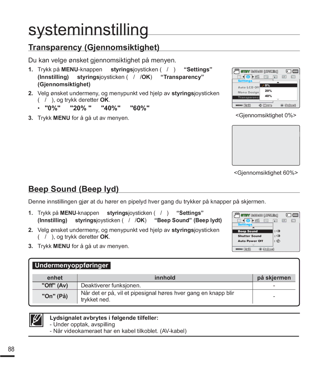 Samsung SMX-F40SP/EDC Transparency Gjennomsiktighet, Beep Sound Beep lyd, Du kan velge ønsket gjennomsiktighet på menyen 