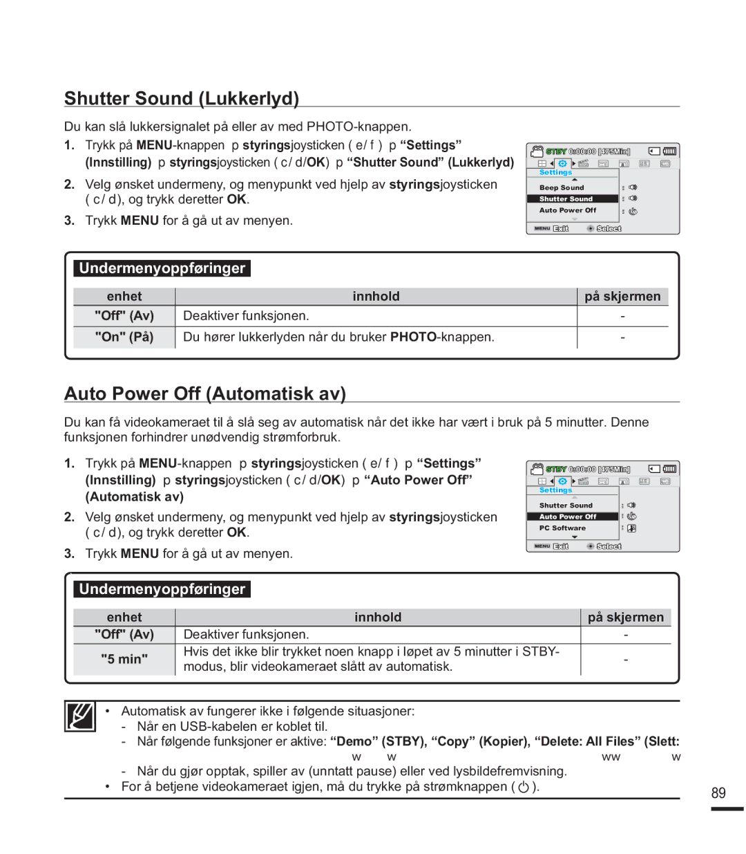 Samsung SMX-F400BP/EDC, SMX-F40SP/EDC, SMX-F44BP/EDC, SMX-F40RP/EDC Shutter Sound Lukkerlyd, Auto Power Off Automatisk av 