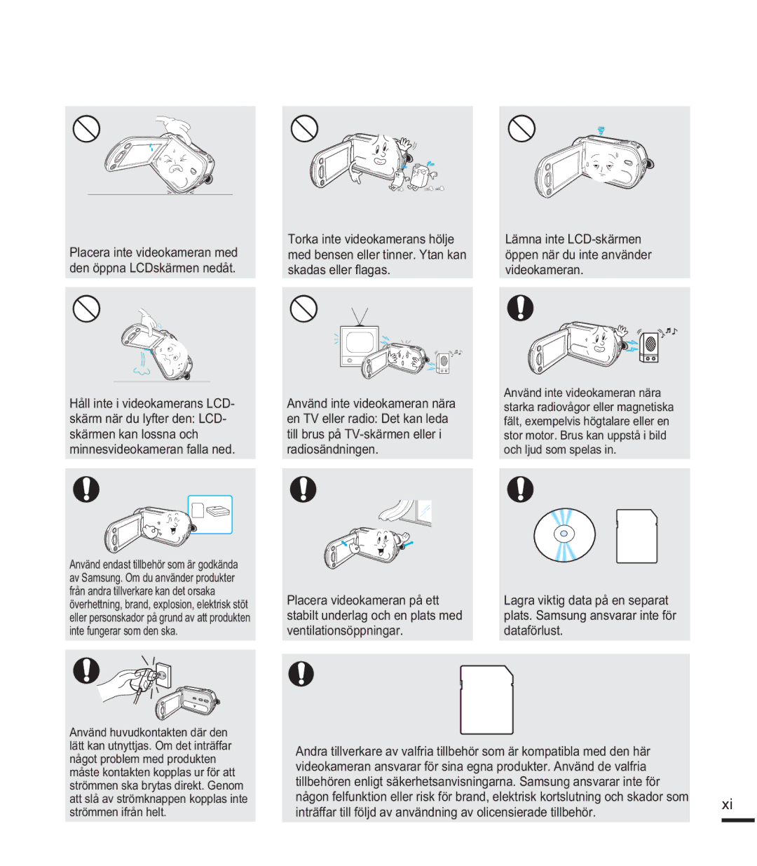 Samsung SMX-F40BP/EDC, SMX-F40SP/EDC manual Med bensen eller tinner. Ytan kan, Den öppna LCDskärmen nedåt, Videokameran 