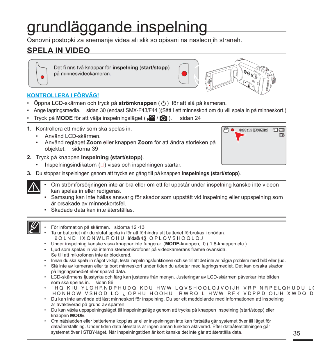 Samsung SMX-F40RP/EDC, SMX-F40SP/EDC Grundläggande inspelning, Spela in Video, Tryck på knappen Inspelning start/stopp 